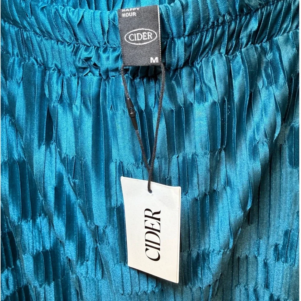 Cider Happy Hour Teal Blue Pleated Satin Midi Skirt Boho Feminine Womens Med NEW